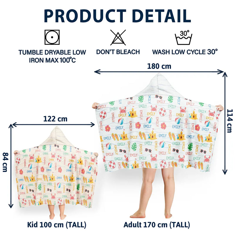 Gift For Kids, Beach, Happy - Summer Beach Vacation Holiday Vibe Cute Icon Custom Name - Personalized Hooded Beach Towel