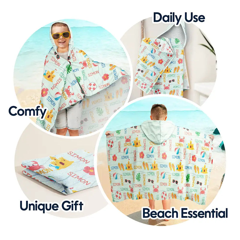Gift For Kids, Beach, Happy - Summer Beach Vacation Holiday Vibe Cute Icon Custom Name - Personalized Hooded Beach Towel