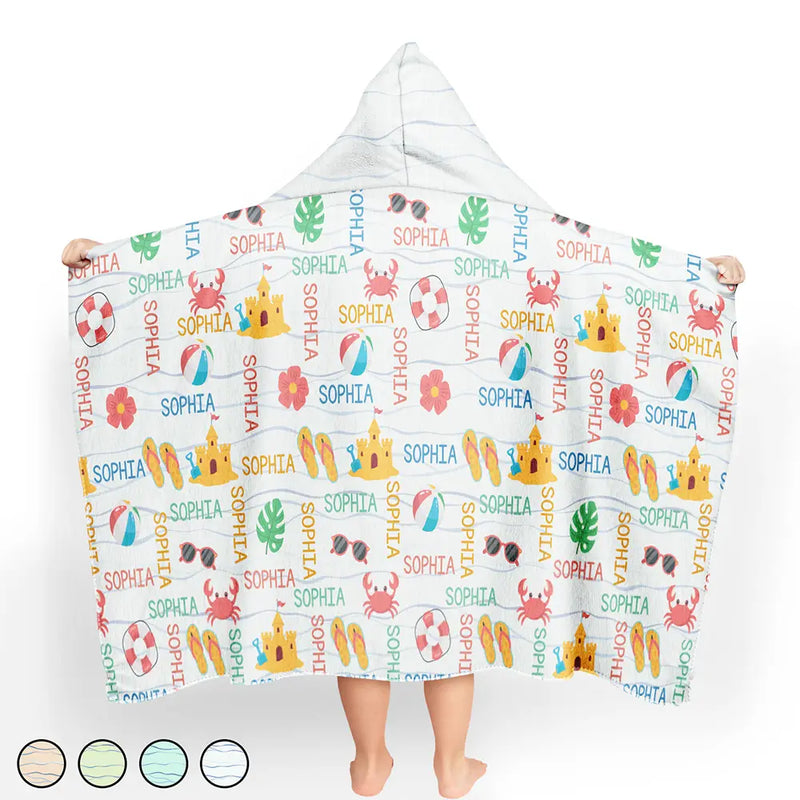 Gift For Kids, Beach, Happy - Summer Beach Vacation Holiday Vibe Cute Icon Custom Name - Personalized Hooded Beach Towel