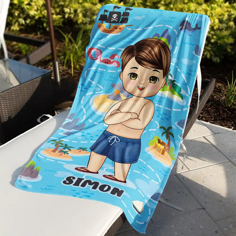 Gift For Kids, Beach, Happy - Summer Beach Vacation Holiday Vibe Maze Labyrinth - Personalized Beach Towel