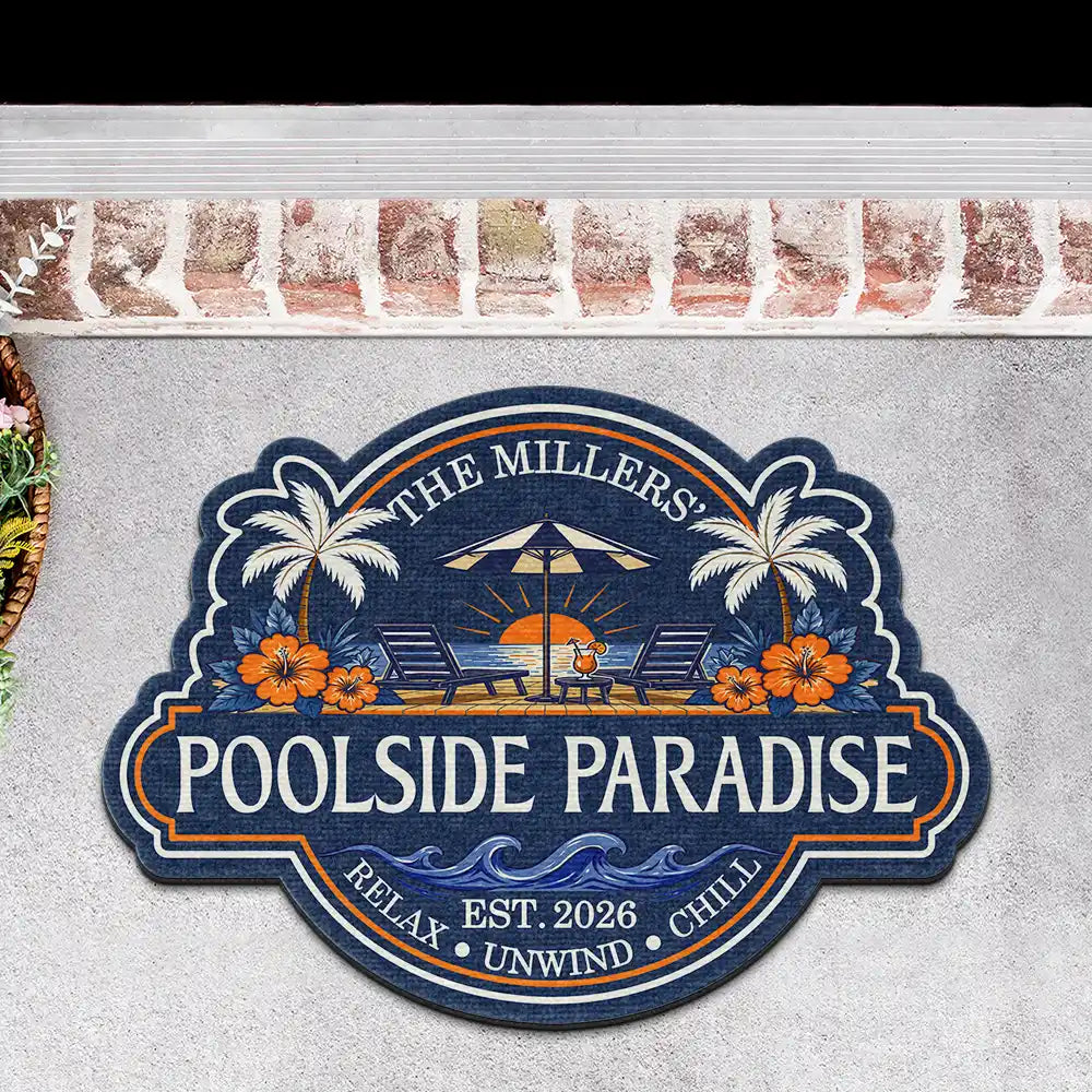 Top Market, Playful, Family, Summer, Poolside, Outdoor Decor, Icon - Summer Family Welcome To Our Poolside Paradise - Personalized Custom Shaped Doormat