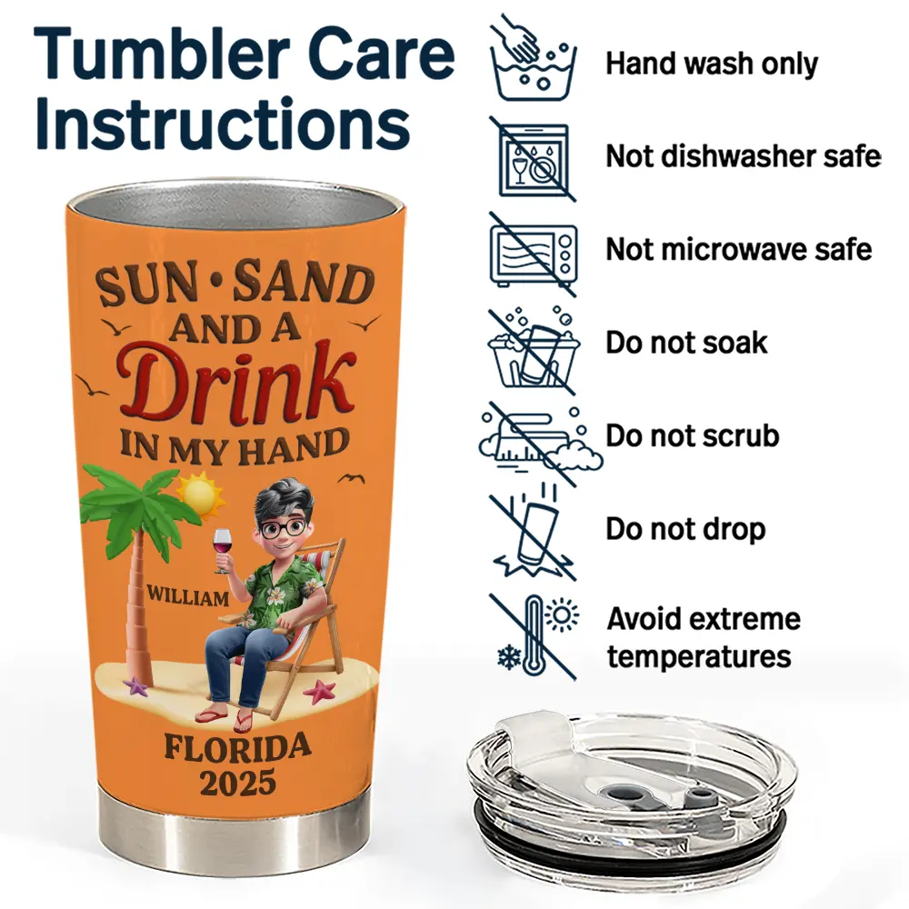 Travel,Summer,Beach,Gift For Bestie,Gift For Sibling,Gift For Yourself - Sun Sand And A Drink In My Hand Vacation - Personalized Tumbler