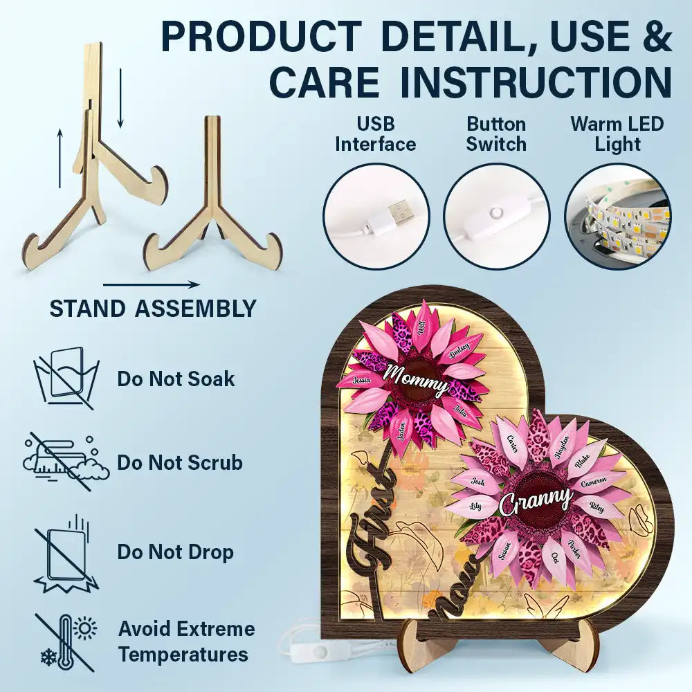 Gift For Mother,Gift For Grandma,Love - Sunflower First Mom Now Grandma - Personalized LED Light Wooden Plaque