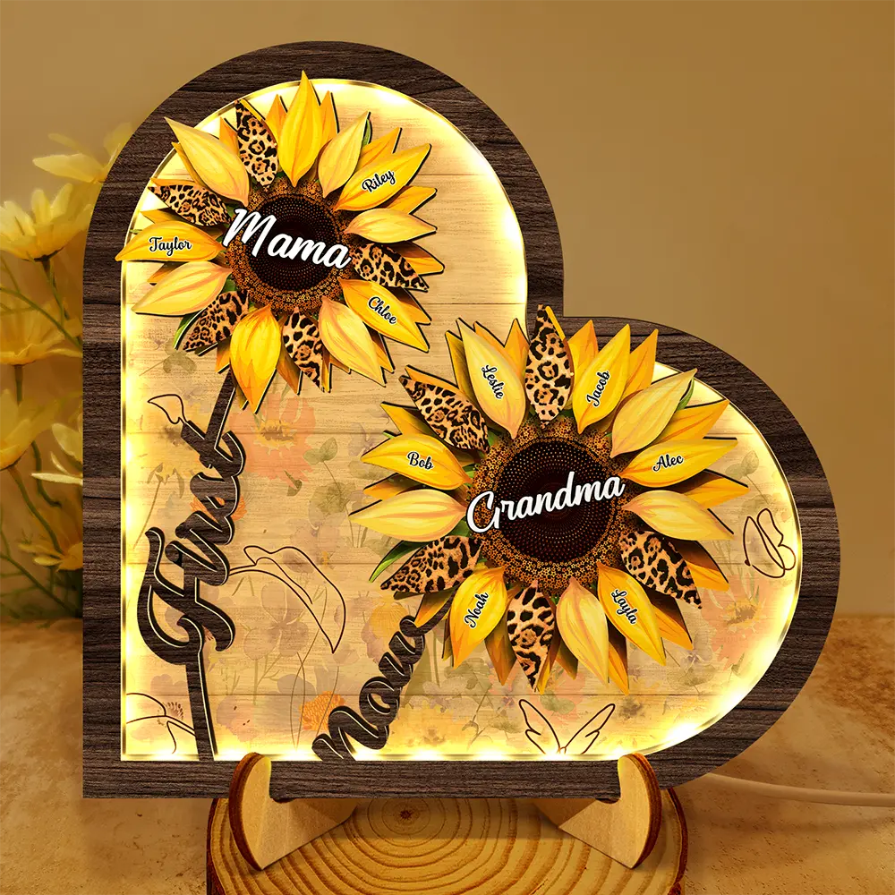 Gift For Mother,Gift For Grandma,Love - Sunflower First Mom Now Grandma - Personalized LED Light Wooden Plaque