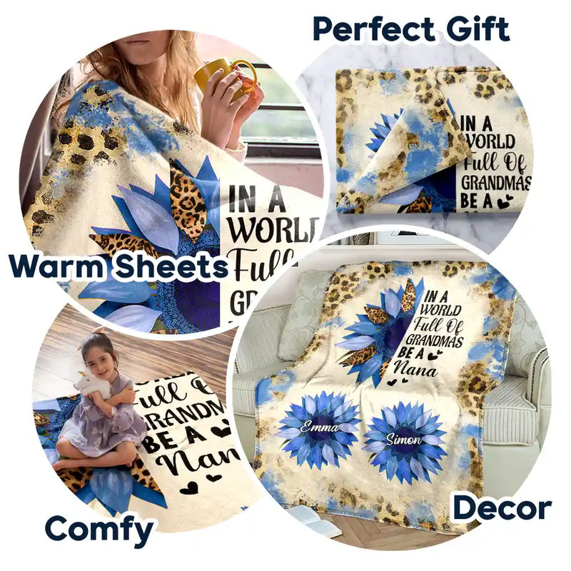 Gift For Women, Gift For Grandma, Love - Sunflower World Full Of Grandmas - Personalized Fleece Blanket, Sherpa Blanket
