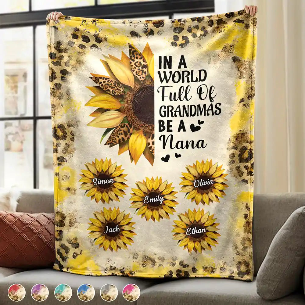 Sunflower World Full Of Grandmas - Personalized Fleece Blanket, Sherpa Blanket