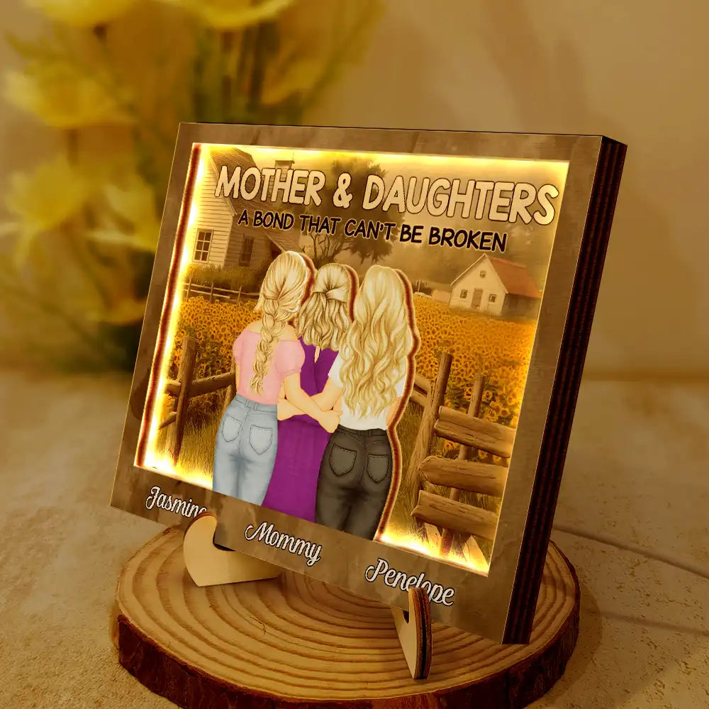 Gift For Mother,Mom - Daughters (Adult),Love - Sunflowers Mother Daughter A Bond That Can't Be Broken - Personalized LED Light Wooden Plaque