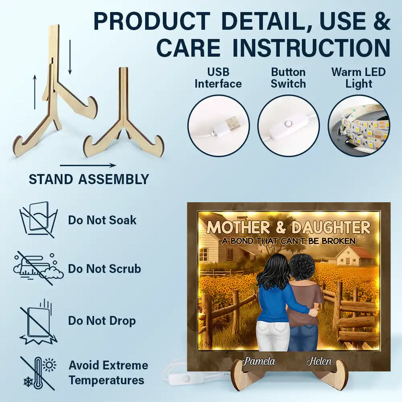 Gift For Mother,Mom - Daughters (Adult),Love - Sunflowers Mother Daughter A Bond That Can't Be Broken - Personalized LED Light Wooden Plaque