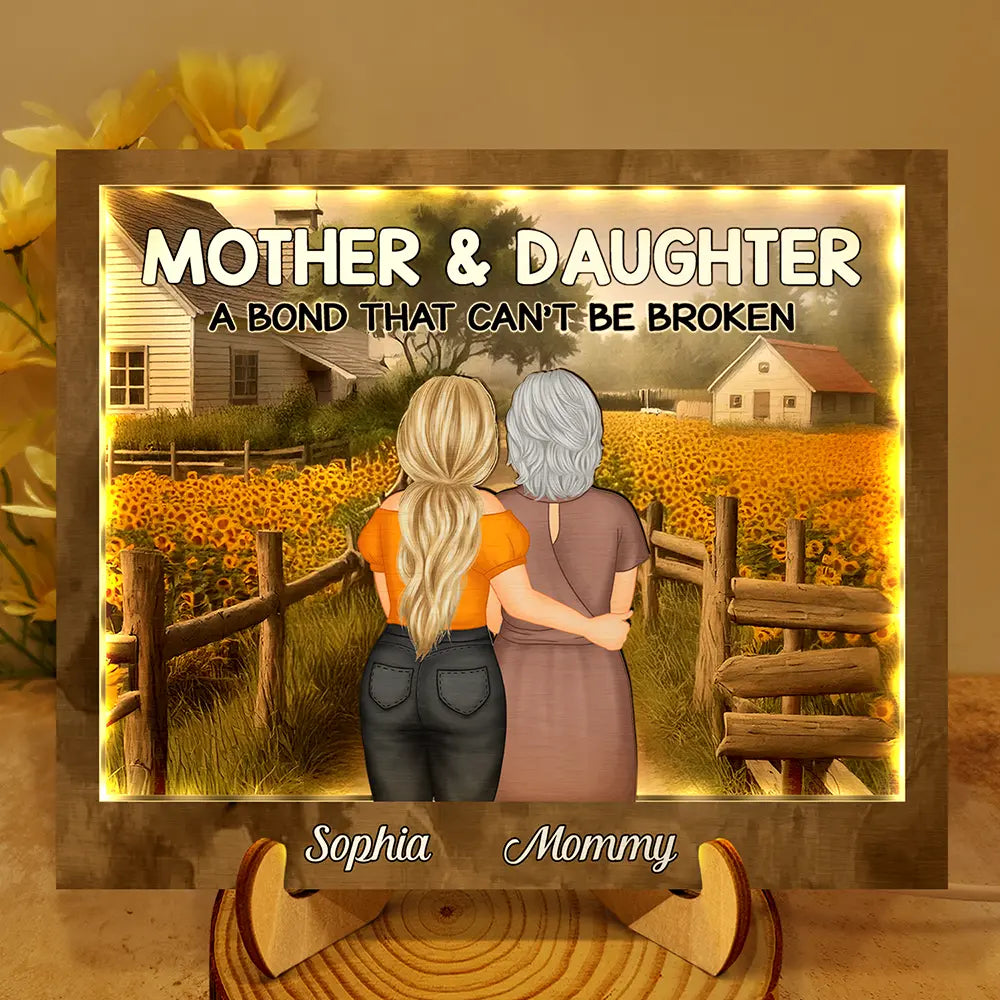 Gift For Mother,Mom - Daughters (Adult),Love - Sunflowers Mother Daughter A Bond That Can't Be Broken - Personalized LED Light Wooden Plaque
