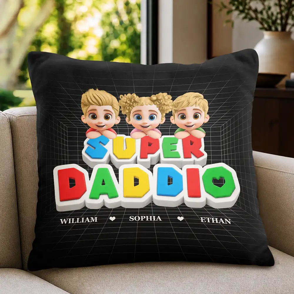 Super Dad Papa Arcade Retro 3D Effect Custom Kid Names - Personalized Pillow