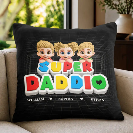 Super Dad Papa Arcade Retro 3D Effect Custom Kid Names - Personalized Pillow