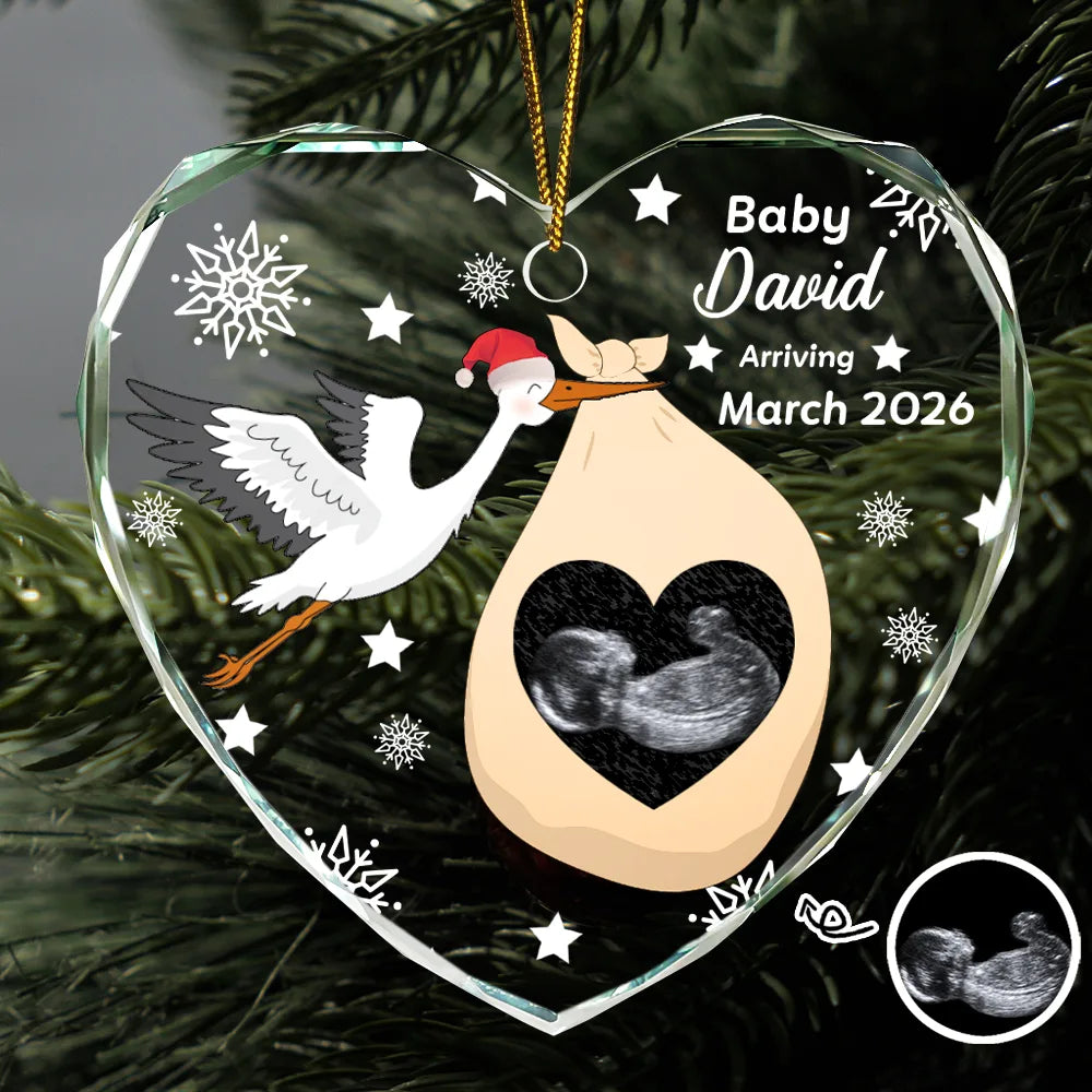 Custom Photo Sweet Baby Arriving Stork Pregnancy Announcement - Personalized Heart Shaped Glass Ornament