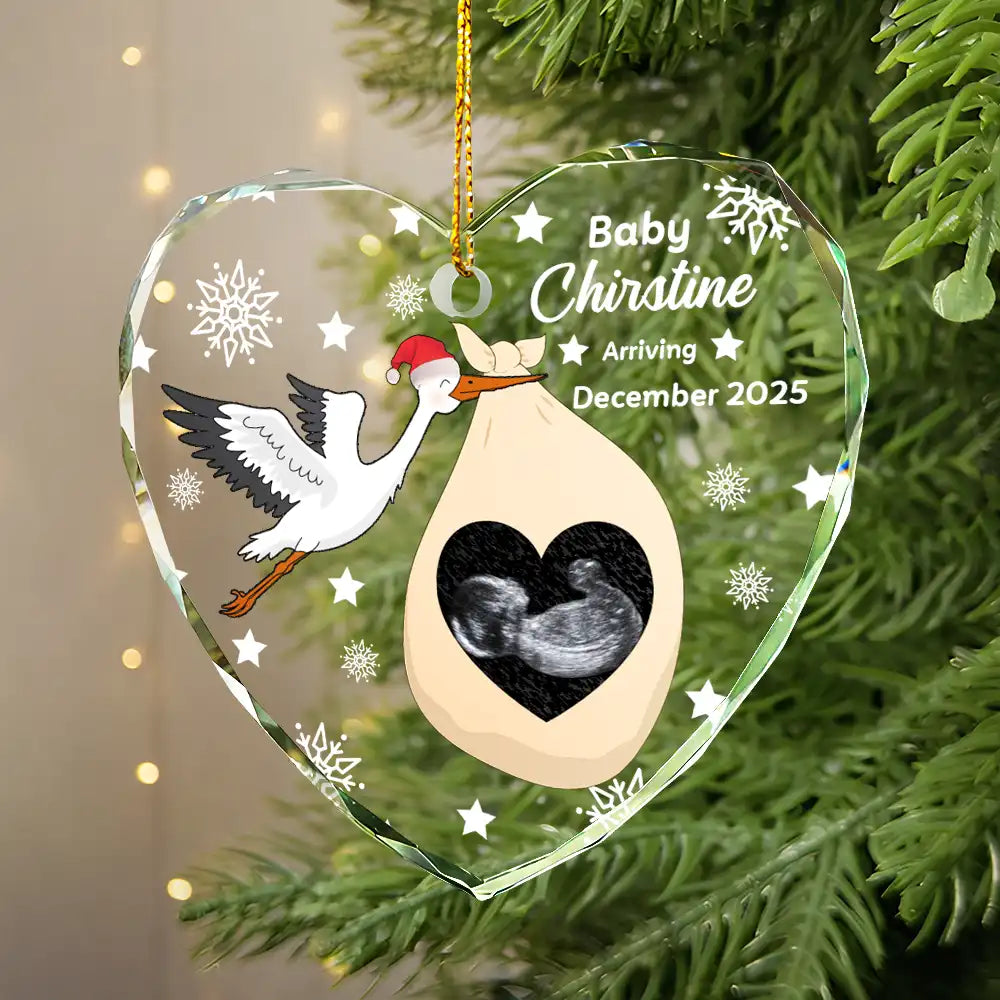 Christmas,New Mom,Pregnant Mom,Family,Happy - Custom Photo Sweet Baby Arriving Stork Pregnancy Announcement - Personalized Heart Shaped Glass Ornament