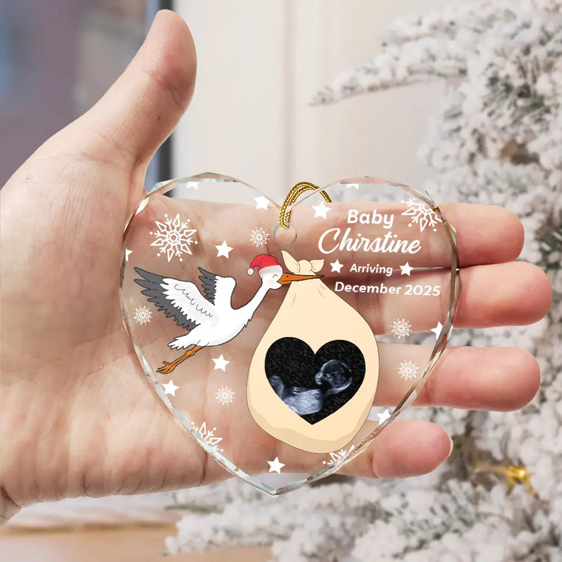 Christmas,New Mom,Pregnant Mom,Family,Happy - Custom Photo Sweet Baby Arriving Stork Pregnancy Announcement - Personalized Heart Shaped Glass Ornament