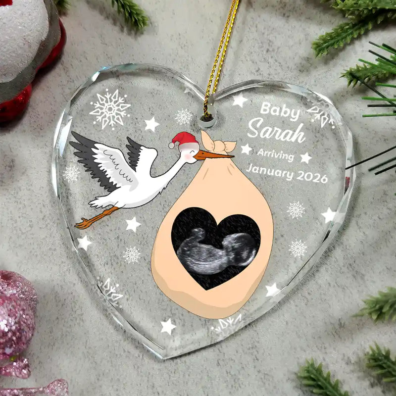 Christmas,New Mom,Pregnant Mom,Family,Happy - Custom Photo Sweet Baby Arriving Stork Pregnancy Announcement - Personalized Heart Shaped Glass Ornament