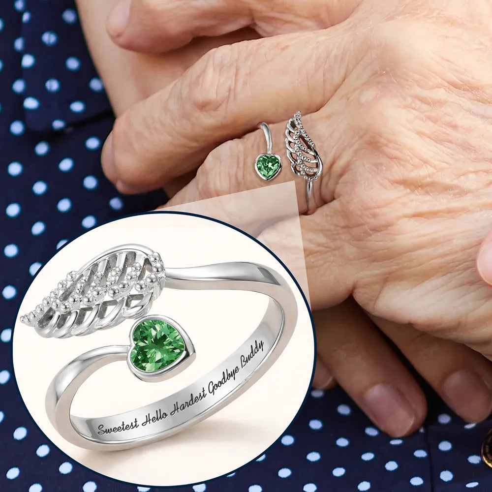 Memorial,Pet Lovers,Pet Mom - Sweetest Hello Hardest Goodbye - Personalized Wing And Heart Birthstone Ring