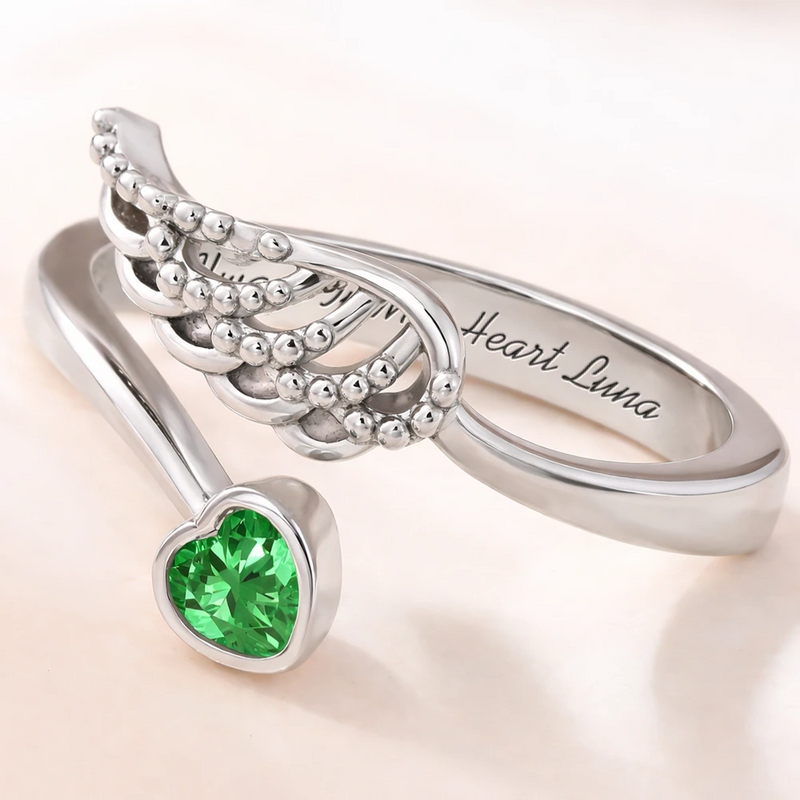 Memorial,Pet Lovers,Pet Mom - Sweetest Hello Hardest Goodbye - Personalized Wing And Heart Birthstone Ring