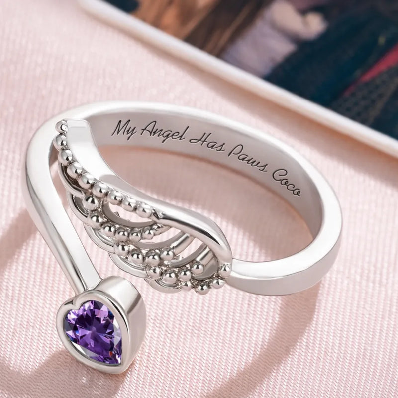 Memorial,Pet Lovers,Pet Mom - Sweetest Hello Hardest Goodbye - Personalized Wing And Heart Birthstone Ring