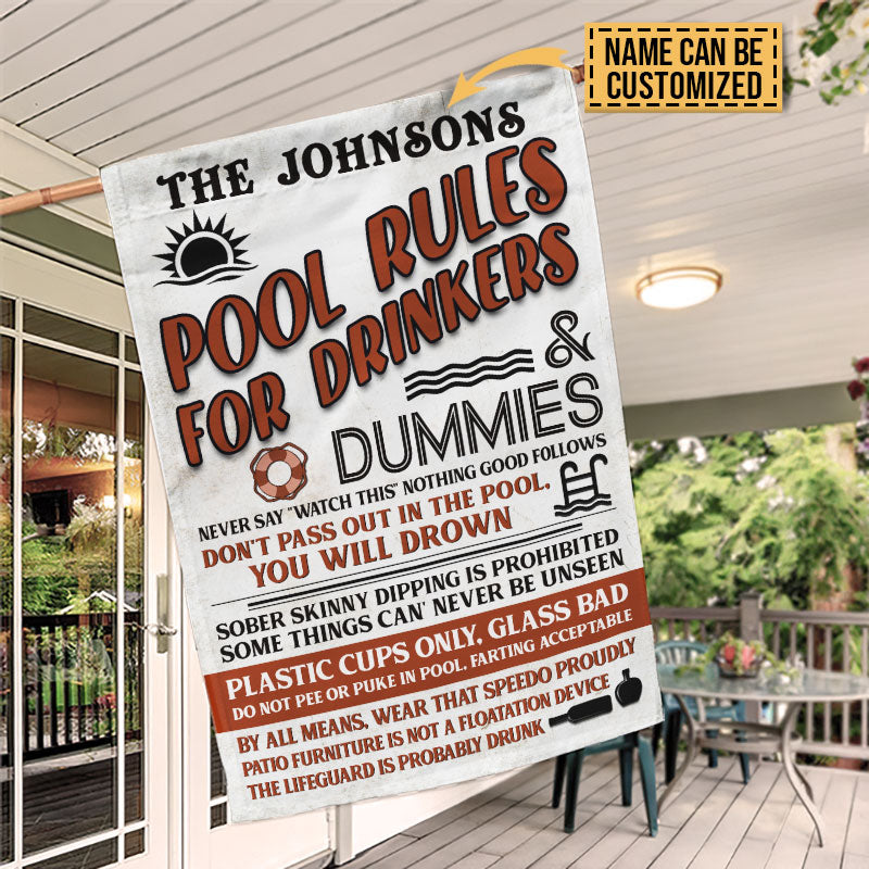 Swimming Pool Rules For Drinkers And Dummies Custom Flag, Funny Pool Decor