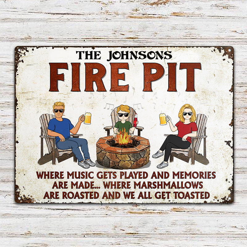 Fire Pit Where Music Gets Played Camping Family - Backyard Sign - Personalized Custom Classic Metal Signs