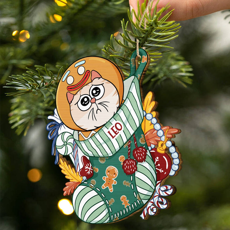 Cats In Stocking Xmas Pattern - Christmas Gift For Cat Lovers - Personalized Wooden Cutout Ornament