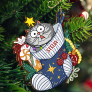 Cats In Stocking Xmas Pattern - Christmas Gift For Cat Lovers - Personalized Wooden Cutout Ornament