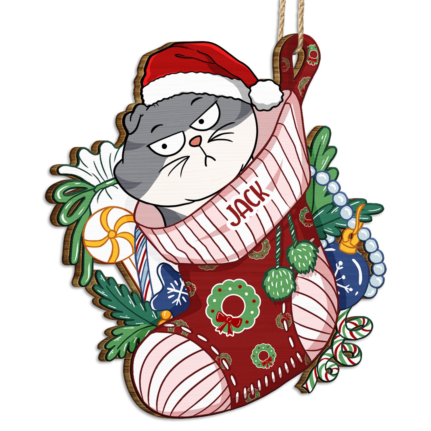 Cats In Stocking Xmas Pattern - Christmas Gift For Cat Lovers - Personalized Wooden Cutout Ornament