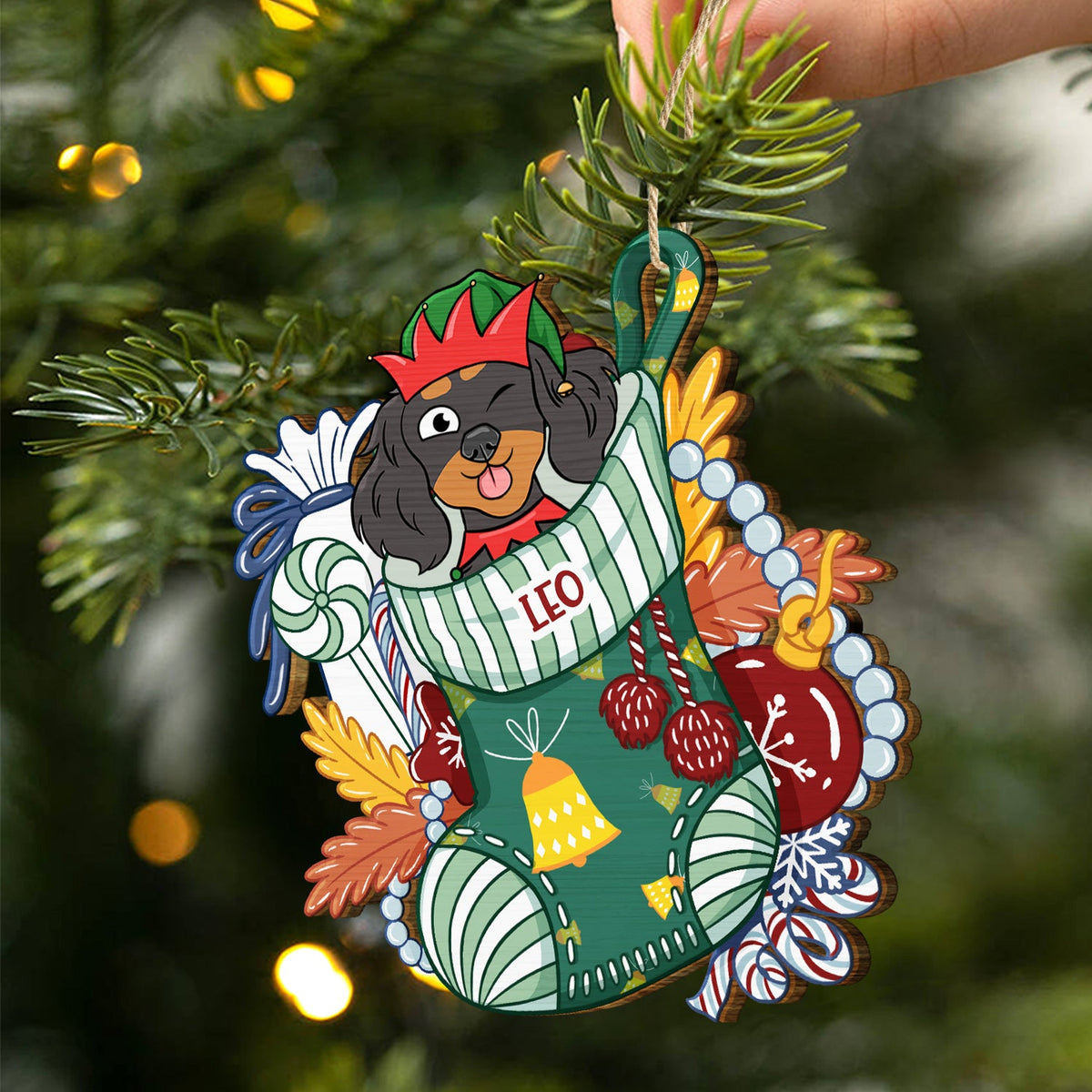 Dogs In Stocking Xmas Pattern - Christmas Gift For Dog Lovers - Personalized Wooden Cutout Ornament