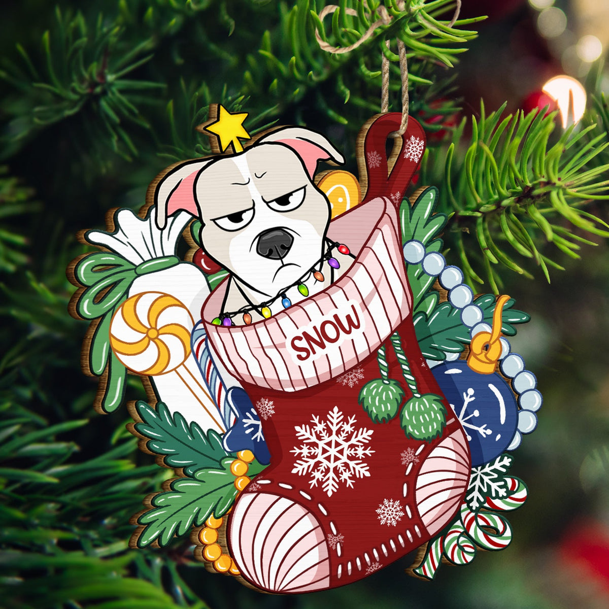 Dogs In Stocking Xmas Pattern - Christmas Gift For Dog Lovers - Personalized Wooden Cutout Ornament