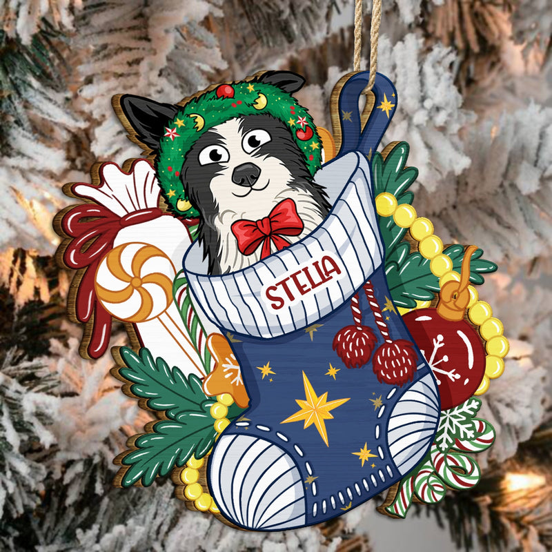 Dogs In Stocking Xmas Pattern - Christmas Gift For Dog Lovers - Personalized Wooden Cutout Ornament