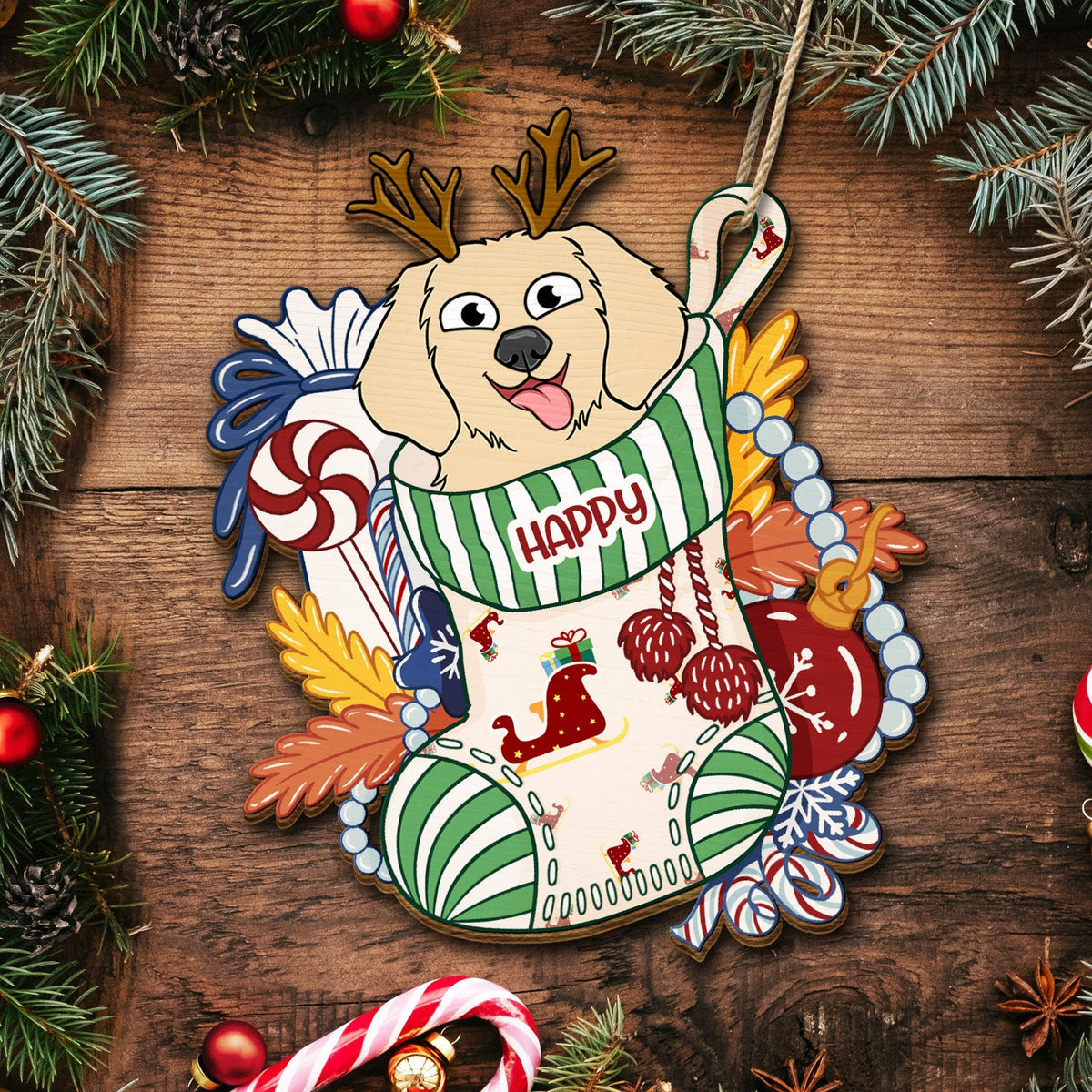Dogs In Stocking Xmas Pattern - Christmas Gift For Dog Lovers - Personalized Wooden Cutout Ornament