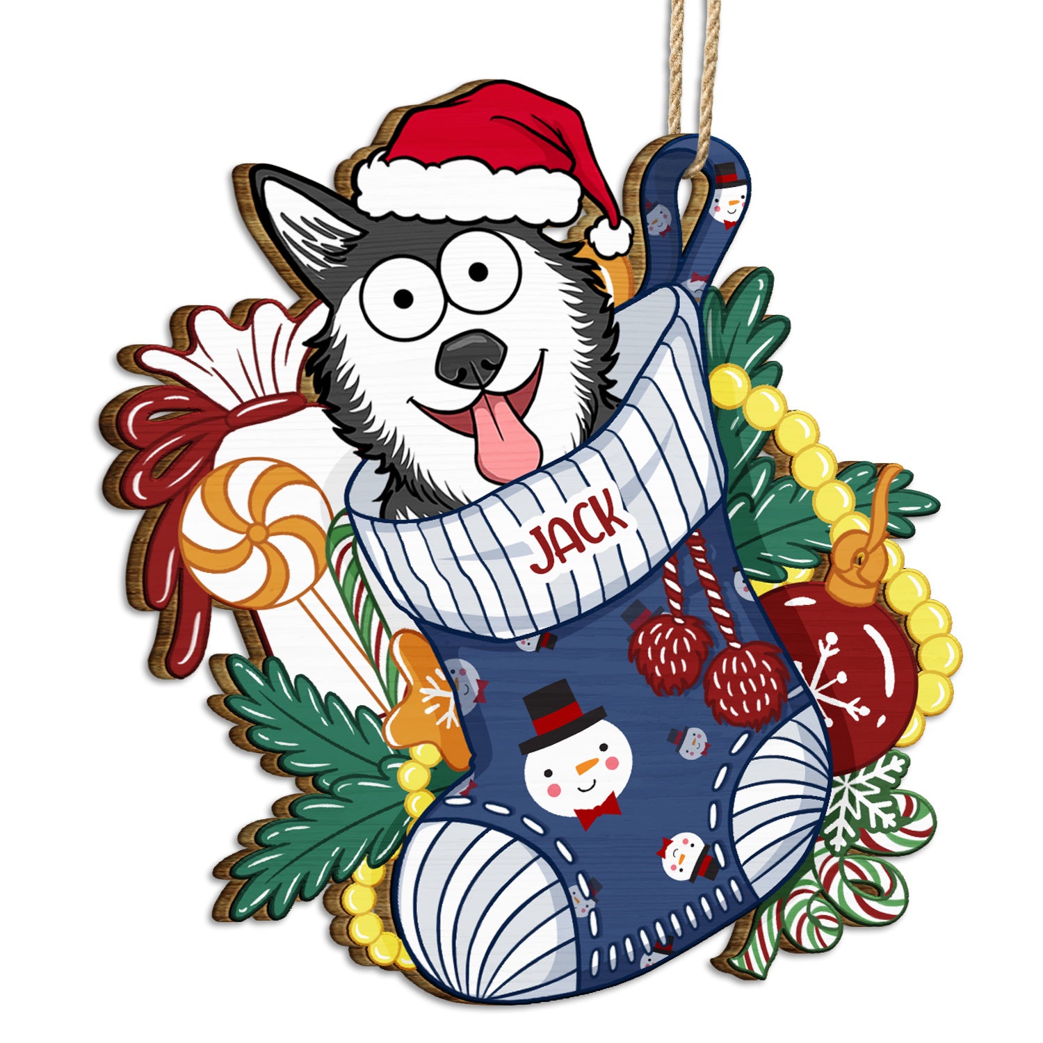 Dogs In Stocking Xmas Pattern - Christmas Gift For Dog Lovers - Personalized Wooden Cutout Ornament