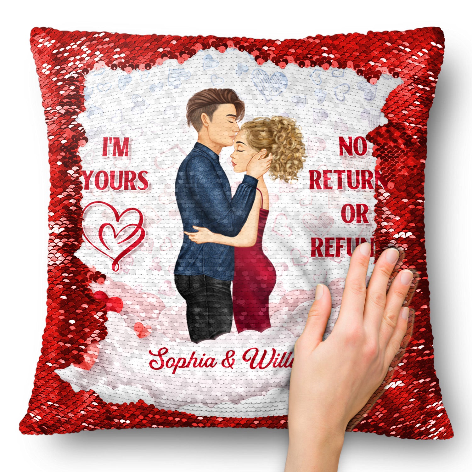 I'm Yours No Returns Or Refunds - Gift For Couples, Husband And Wife - Personalized Sequin Pillow, Mermaid Sequin Cushion Magic Reversible Throw Pillow