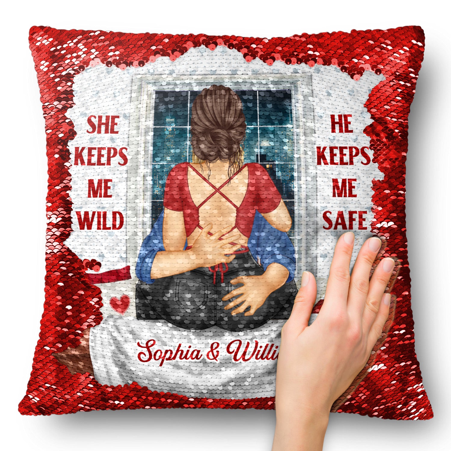 She Keeps Me Wild He Keeps Me Safe - Gift For Couples, Husband And Wife - Personalized Sequin Pillow, Mermaid Sequin Cushion Magic Reversible Throw Pillow
