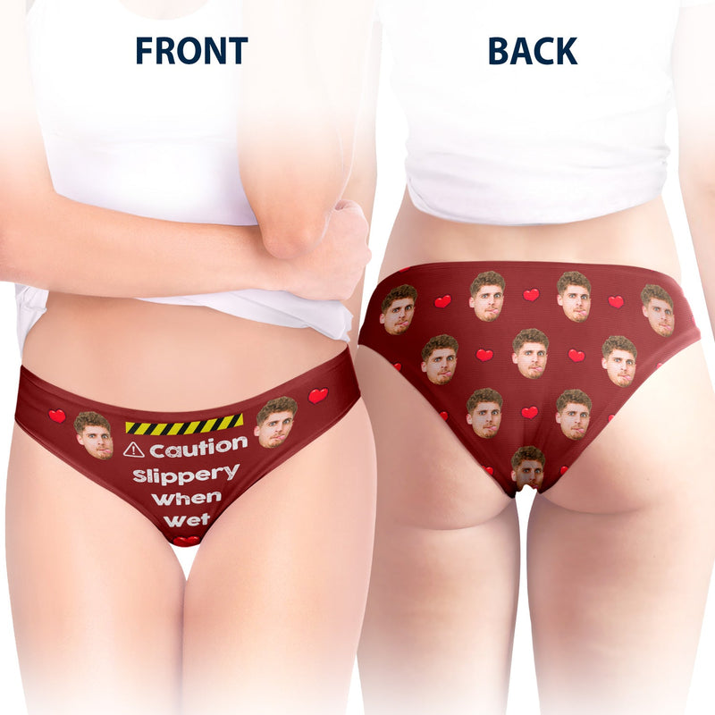 Custom Photo Caution Slippery When Wet Choking Hazard - Anniversary, Funny Gift For Spouse, Husband, Wife - Personalized Couple Matching Underwear Briefs