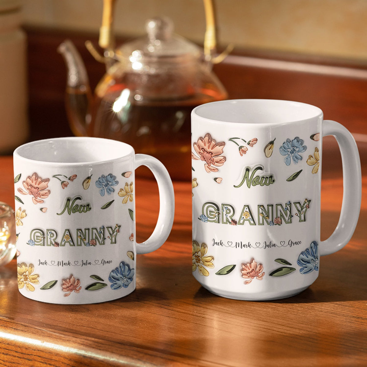 Première maman, maintenant grand-mère ! Cadeau pour maman, grand-mère ! Mug imprimé effet gonflant 3D, mug blanc personnalisé bord à bord.