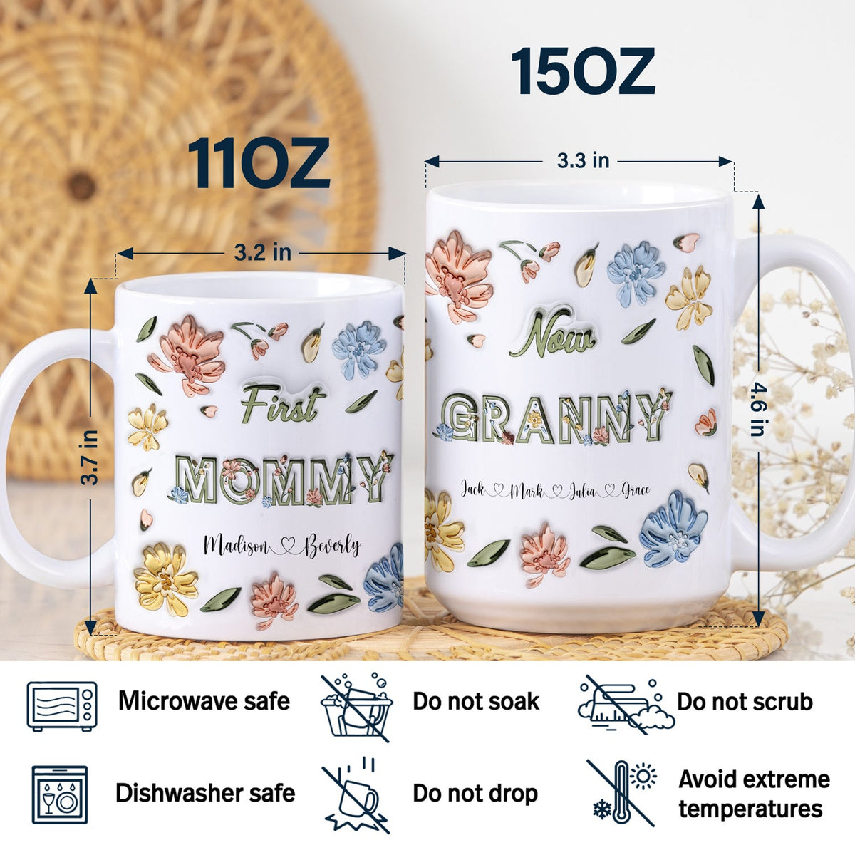 Première maman, maintenant grand-mère ! Cadeau pour maman, grand-mère ! Mug imprimé effet gonflant 3D, mug blanc personnalisé bord à bord.