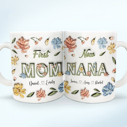 Première maman, maintenant grand-mère ! Cadeau pour maman, grand-mère ! Mug imprimé effet gonflant 3D, mug blanc personnalisé bord à bord.