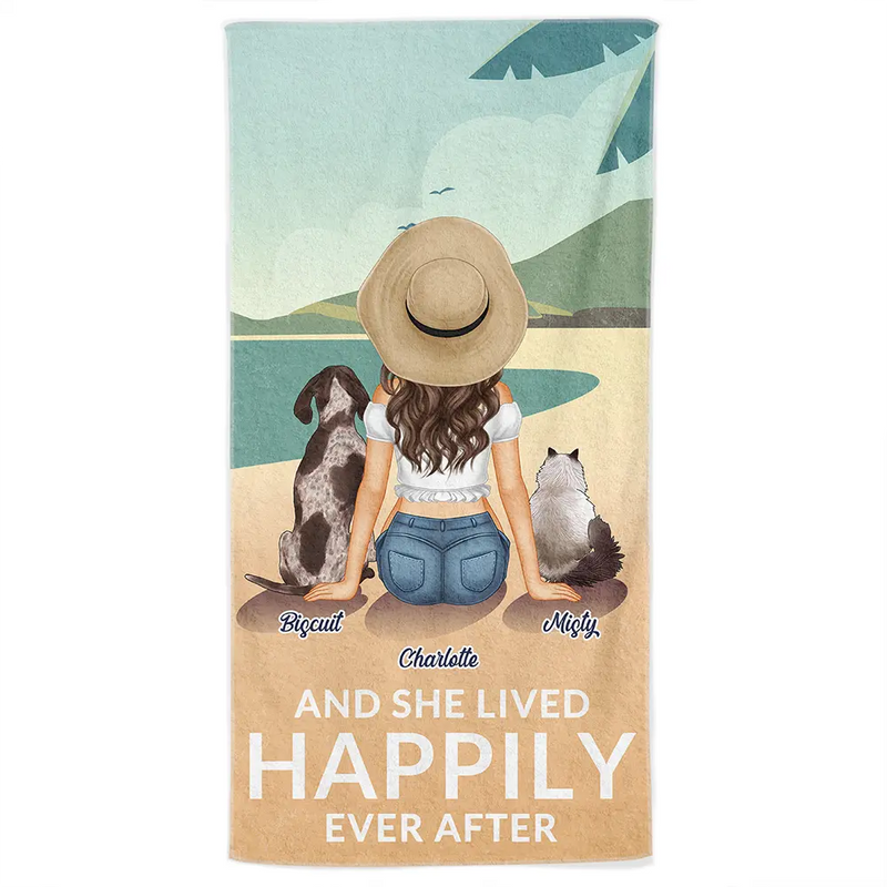 And She Lived Happily Ever After Loves Dogs Cats - Personalized Beach Towel