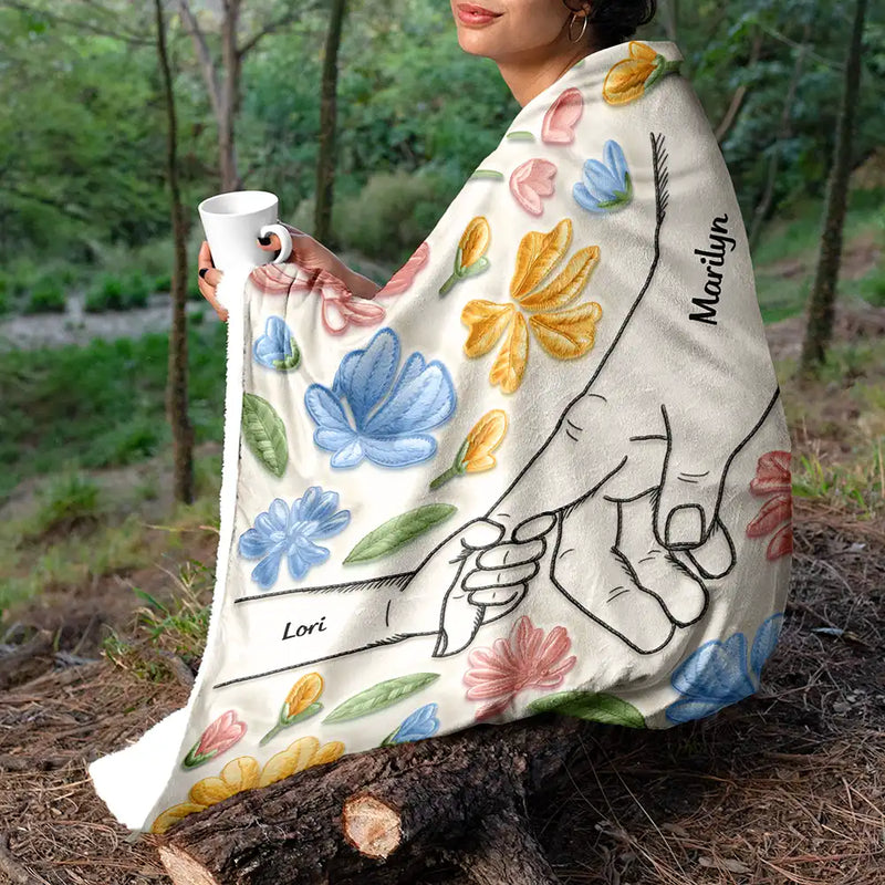Hand In Hand, I Will Always Protect You - Faux Embroidered Effect Printed Fabric, Personalized Fleece Blanket, Sherpa Blanket