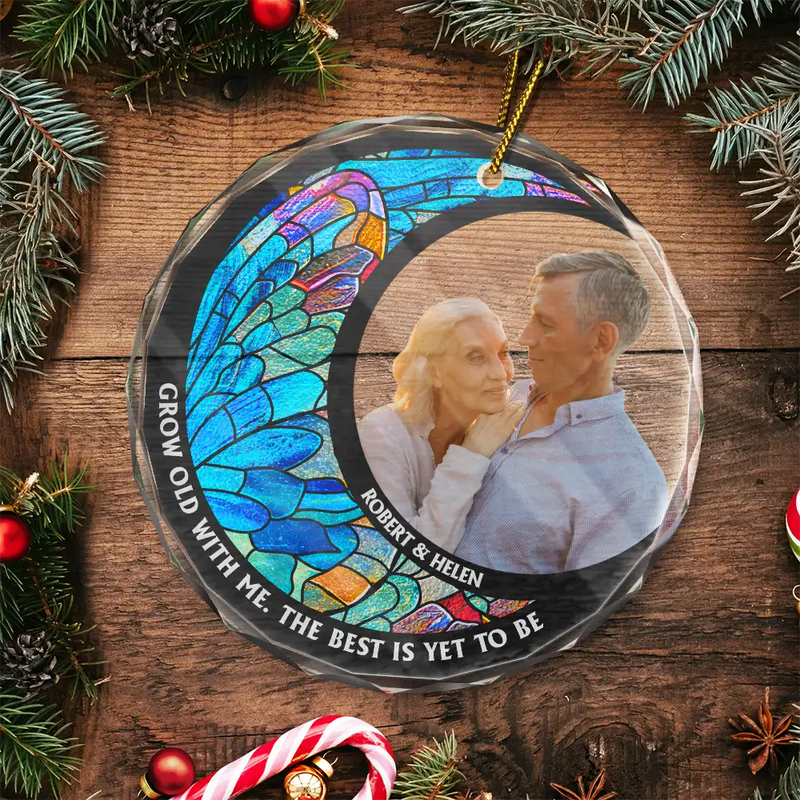 Custom Photo From Our First Kiss Till Our Last Breath Kissing Couple - Stained Effect Printed, Personalized Circle Glass Ornament
