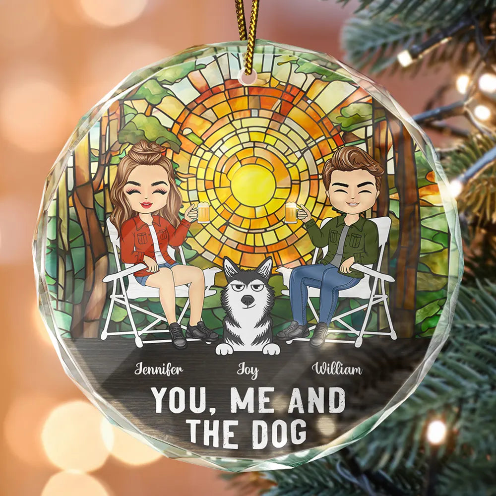 Chibi Couple You Me And The Dog - Stained Effect Printed, Personalized Circle Glass Ornament