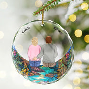 Family Sitting On The Moon - Stained Effect Printed, Personalized Circle Glass Ornament