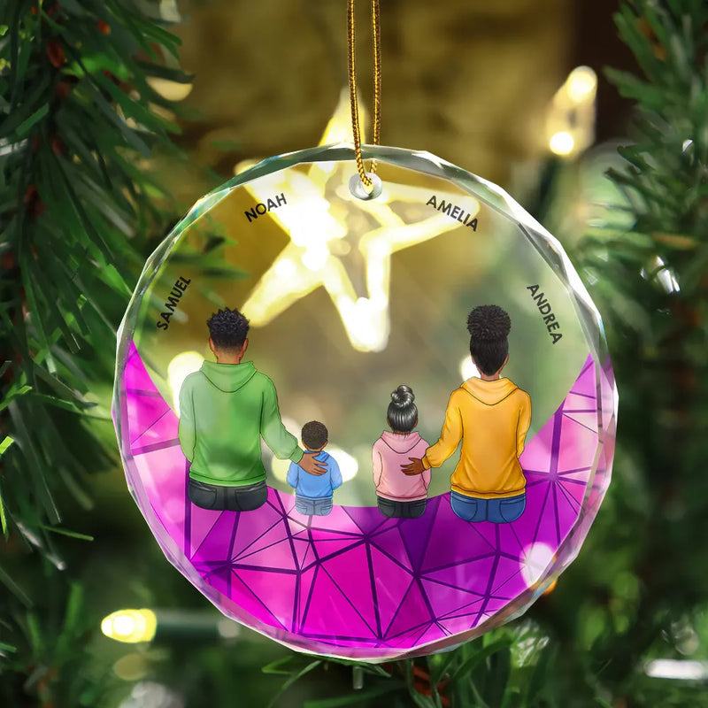 Family Sitting On The Moon - Stained Effect Printed, Personalized Circle Glass Ornament