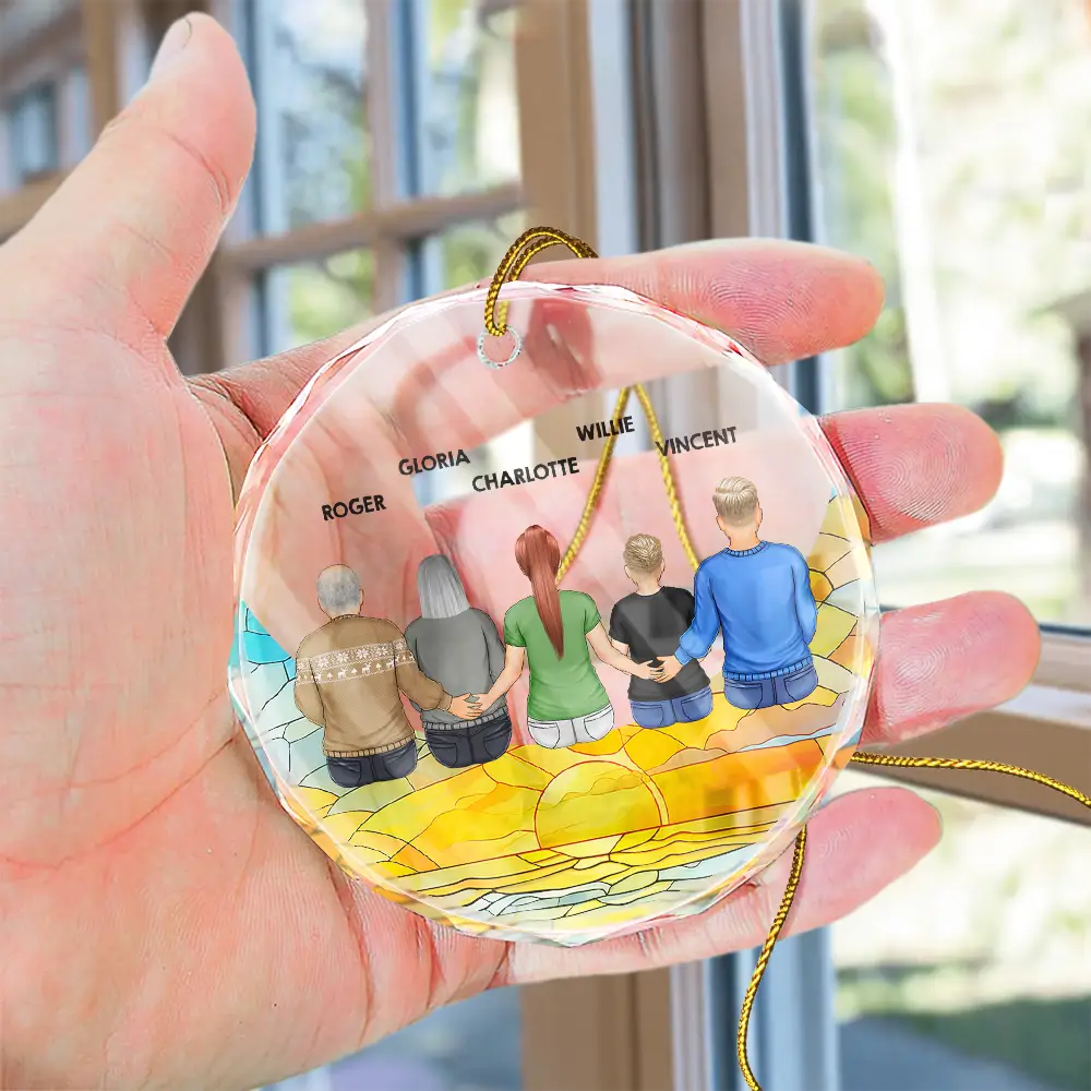 Family Sitting On The Moon - Stained Effect Printed, Personalized Circle Glass Ornament