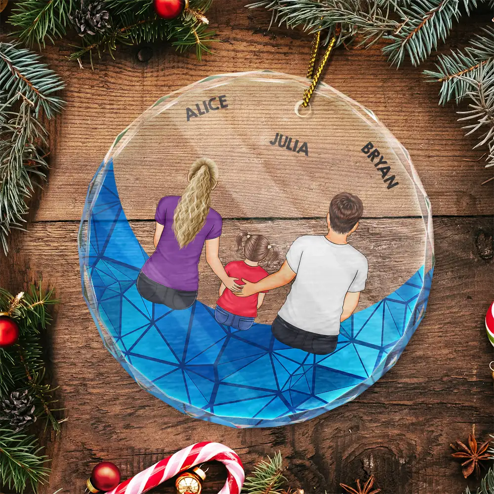 Family Sitting On The Moon - Stained Effect Printed, Personalized Circle Glass Ornament