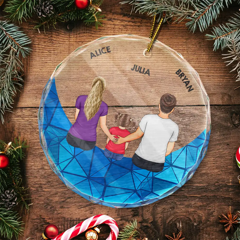 Family Sitting On The Moon - Stained Effect Printed, Personalized Circle Glass Ornament