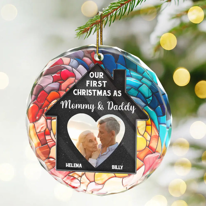 Custom Photo Couple Our First Christmas In Our New Home - Stained Effect Printed, Personalized Circle Glass Ornament