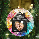 Custom Photo Couple Our First Christmas In Our New Home - Stained Effect Printed, Personalized Circle Glass Ornament