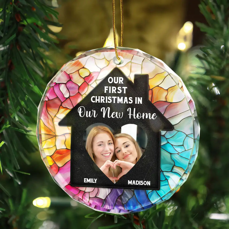 Custom Photo Couple Our First Christmas In Our New Home - Stained Effect Printed, Personalized Circle Glass Ornament